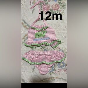 12 month Classic whimsy bikini swimsuit smocked pink and Green Striped Kids